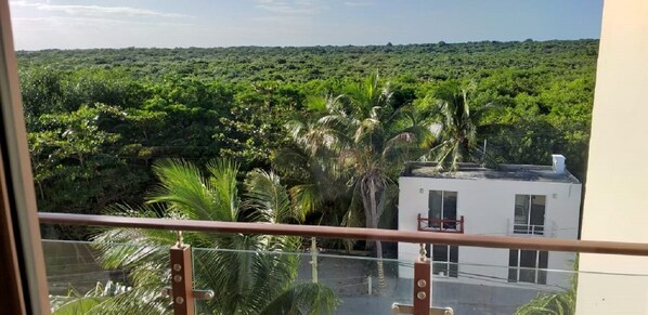 A balcony with a view of a lush green landscape and a small white building. - Deluxe Beachfront Penthouse in Akumal (Akumal, Quintana Roo)