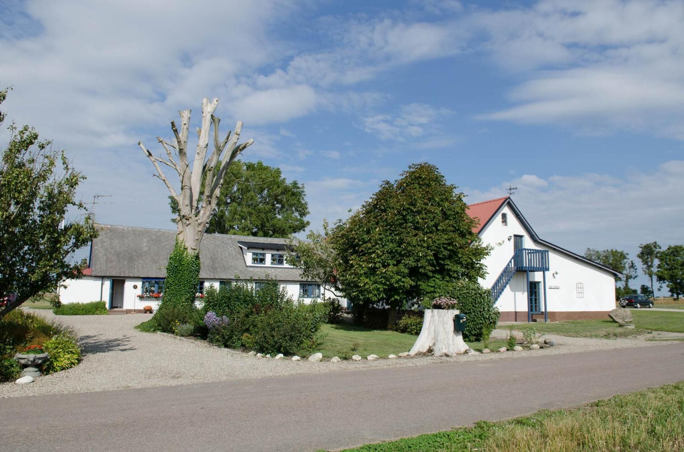 A rural setting with a white building with a red roof, a tree stump, and a gravel driveway.