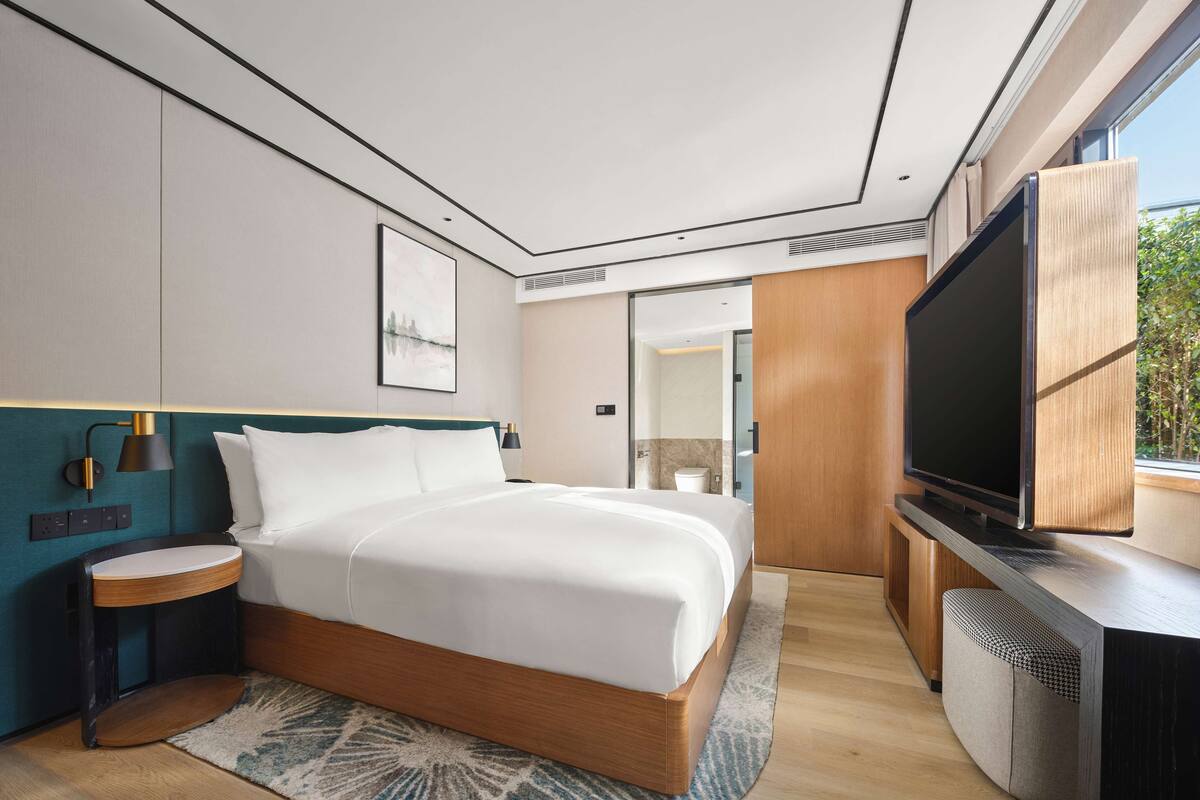 Habitación de hotel moderna con una cama grande, televisor de pantalla plana, mesita de noche y vistas al exterior.