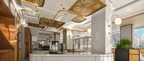 A modern hotel lobby with a central reception desk, large windows, and decorative ceiling fixtures.