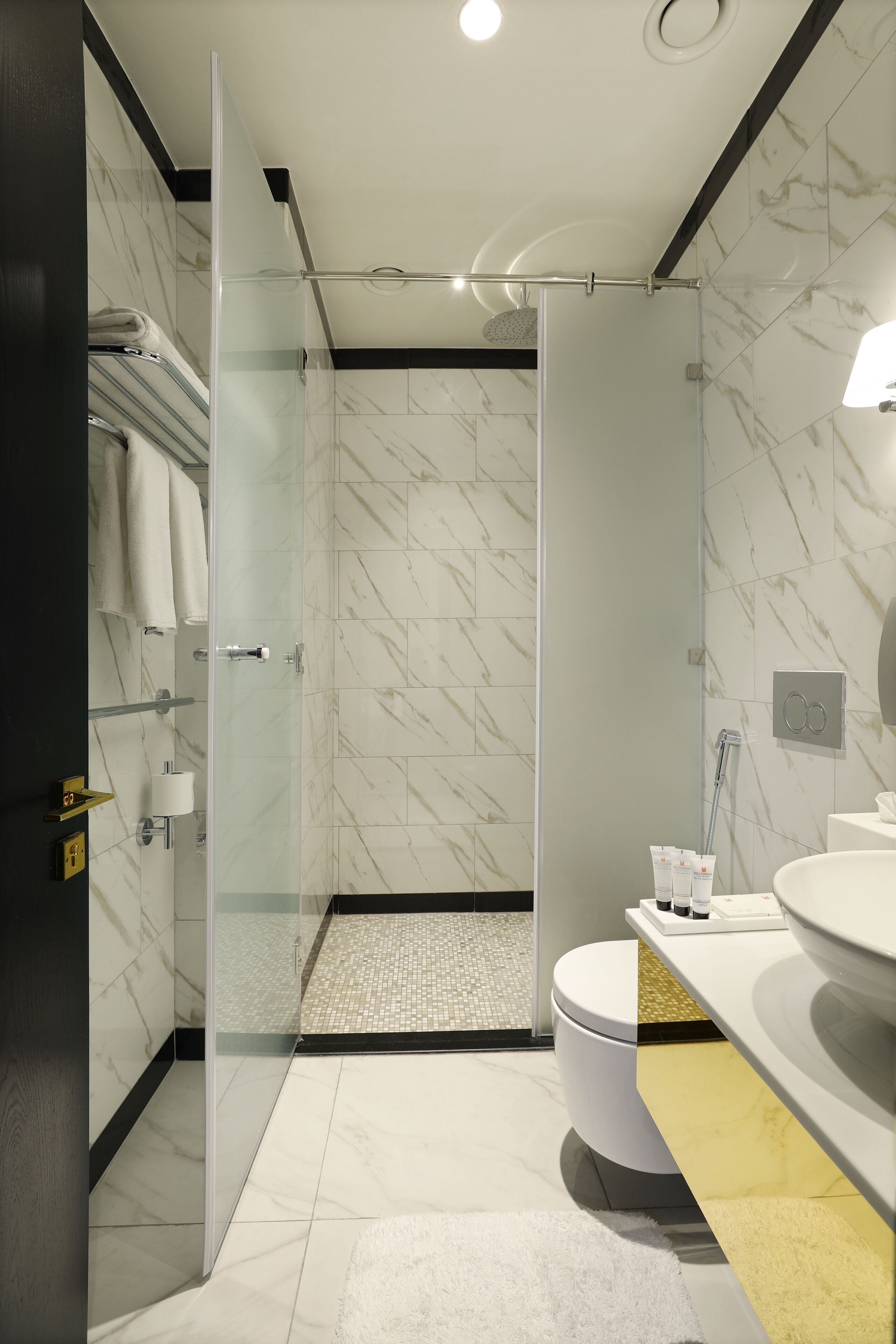 A modern bathroom with a glass-enclosed shower, a white toilet, and a vanity with a mirror.