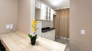 Una cocina moderna con armarios blancos, encimera negra y una planta en maceta.