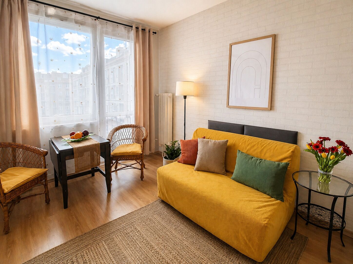 A room with a yellow sofa, a wicker chair, a small table with fruit, a lamp, and a framed picture on the wall.