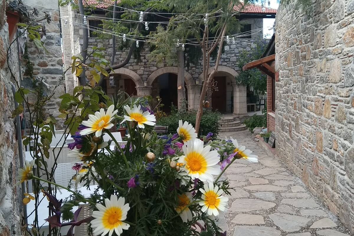 Un estrecho sendero de piedra que conduce a un edificio de piedra con arcos.