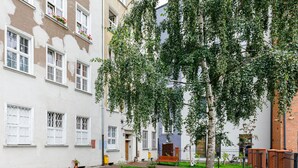 Ein Innenhof mit einer Bank, einem Baum und einem Gebäude mit zahlreichen Fenstern und einer Tür.
