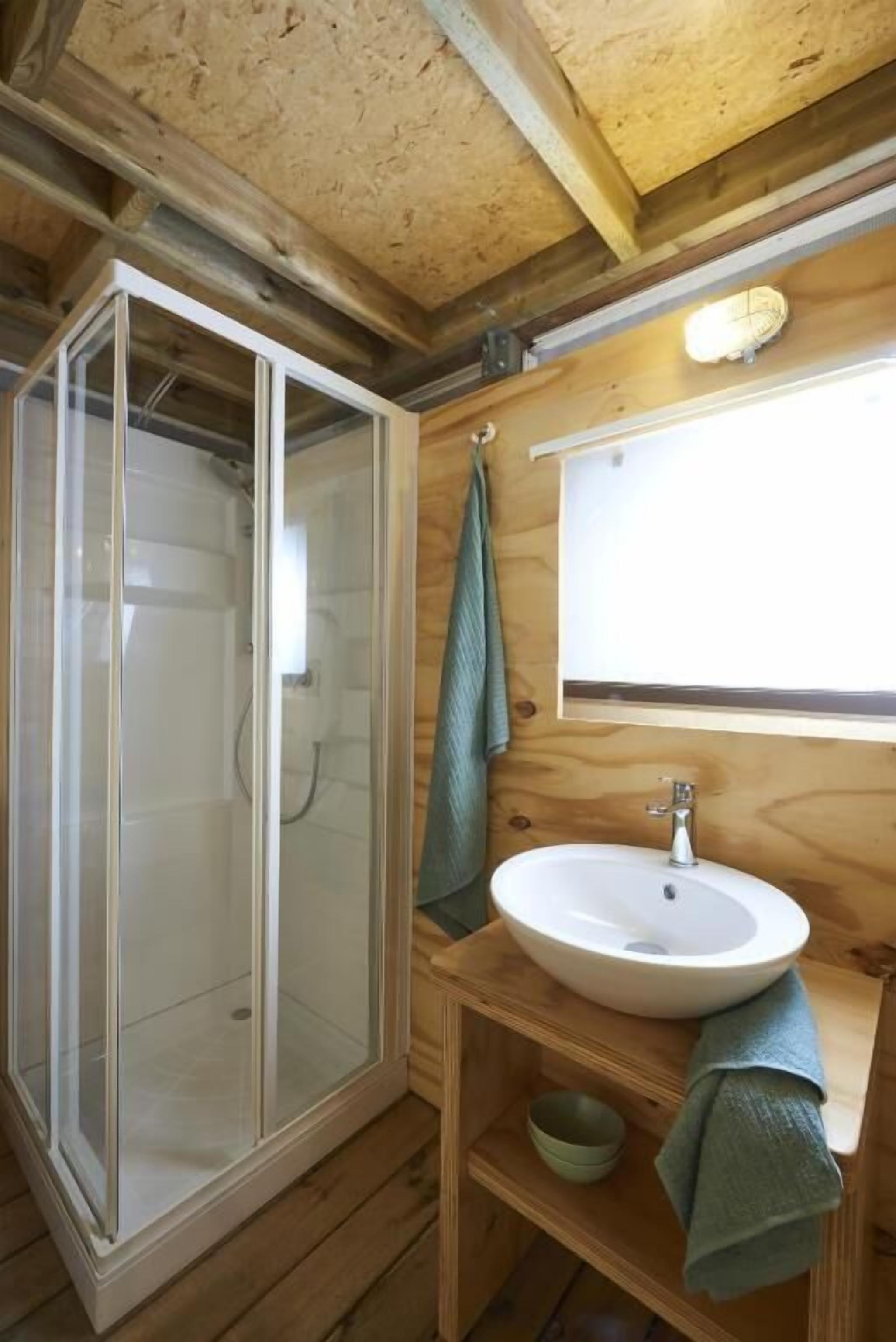 A wooden cabin bathroom with a glass shower enclosure, a sink, and a mirror.