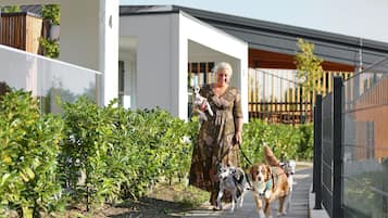Una mujer pasea a dos perros por un sendero pavimentado, bordeado de vegetación.
