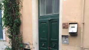A green double door with a small window above it, a utility box to the right, and a number '22' on the wall. - "Casetta del Borghetto" - "In the Heart of the Borghetto" Near the sea and Rome. (Nettuno)
