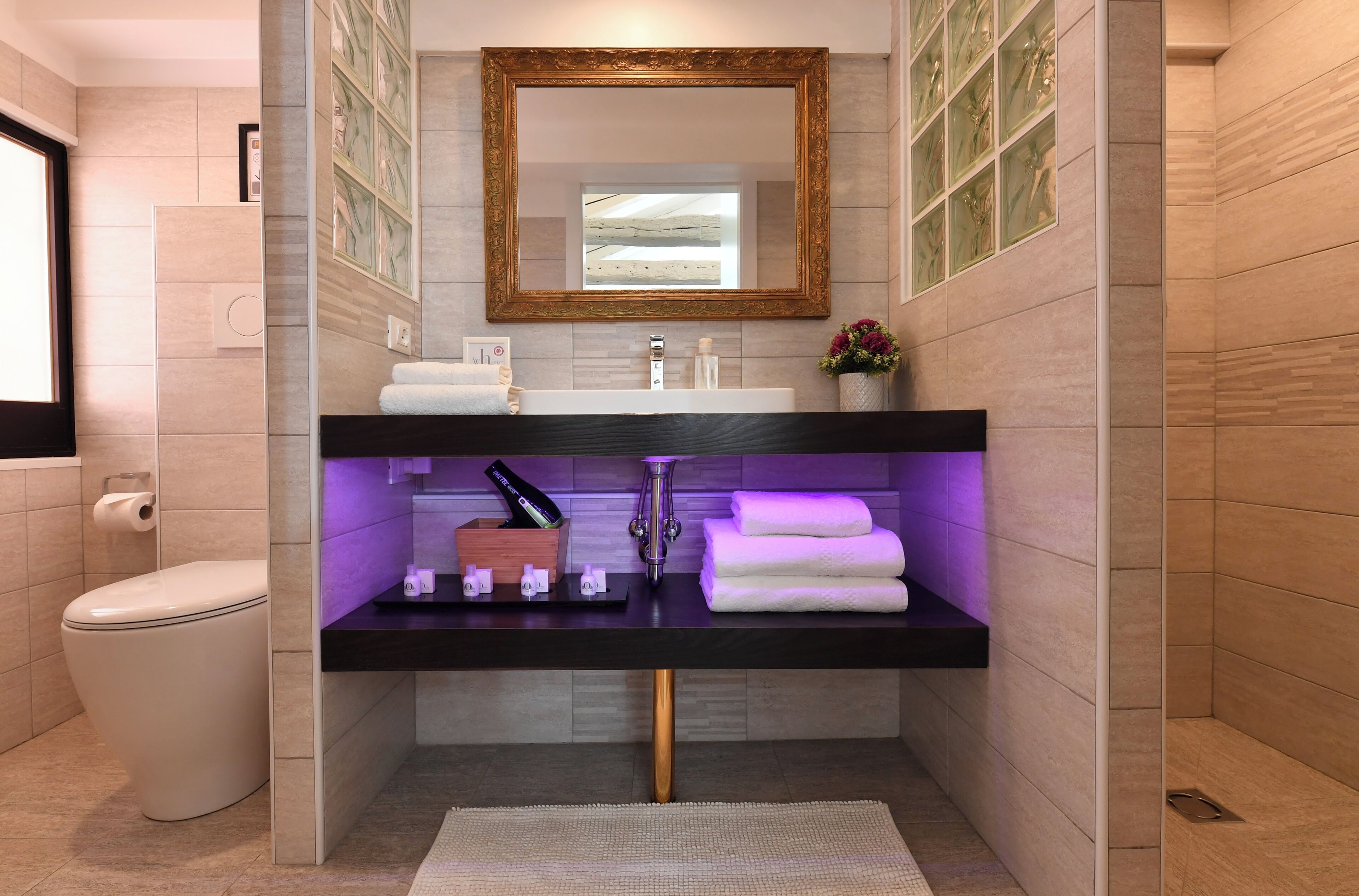 Shower, hair dryer, towels