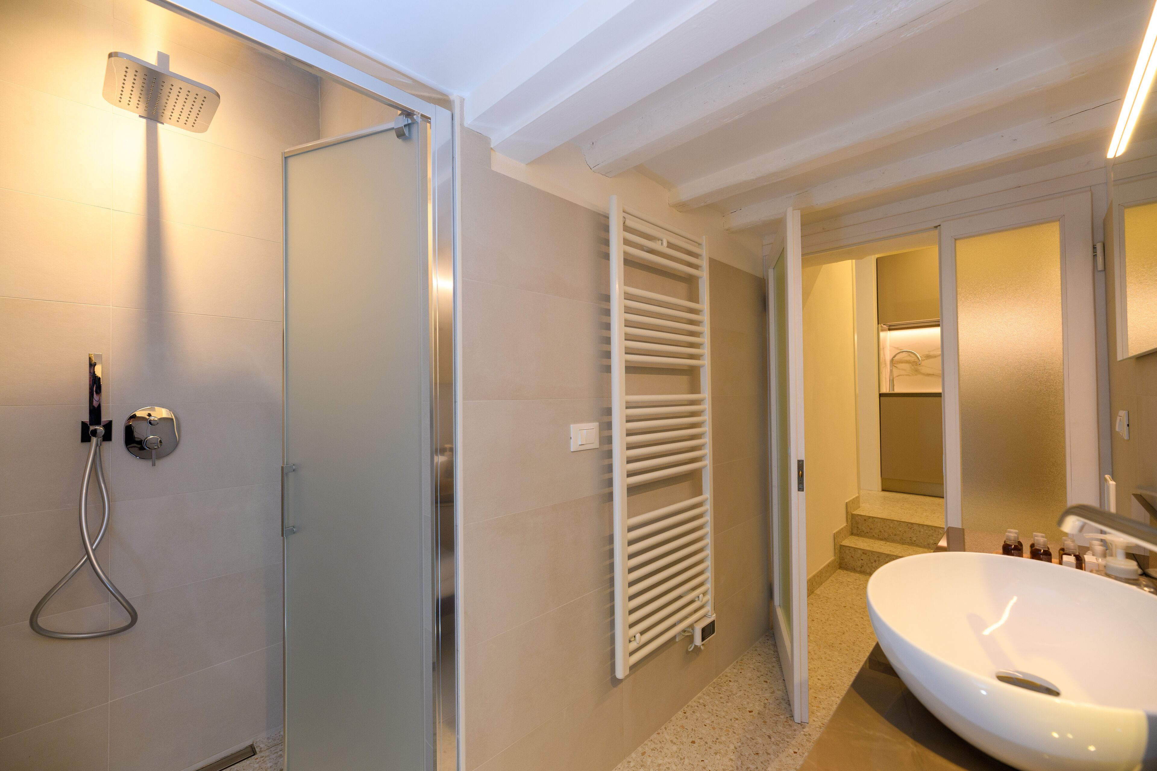 Hair dryer, slippers, towels, soap