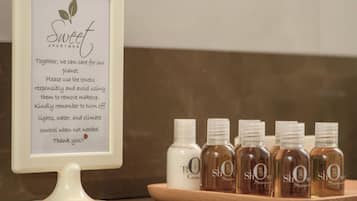 Hair dryer, slippers, towels, soap