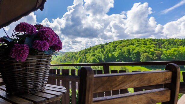 A wicker basket with purple flowers on a wooden bench with a view of a green hillside and a wooden railing. - Odenwald Lounge in the Bergstraße-Odenwald Nature Park (Reichelsheim (Odenwald))