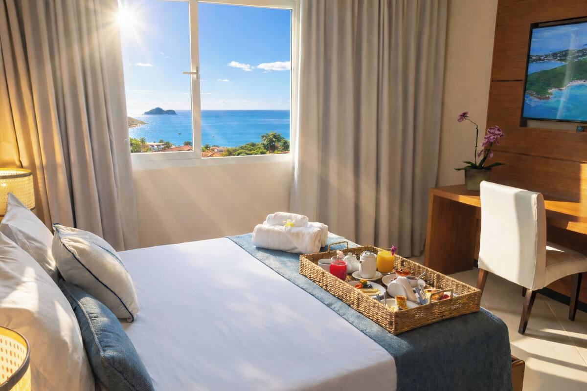 Habitación de hotel con cama, bandeja de desayuno, escritorio, silla y televisor en la pared.