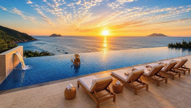 Sonnenuntergangblick von einem Infinity-Pool mit Liegestühlen und einer Wasseranlage.
