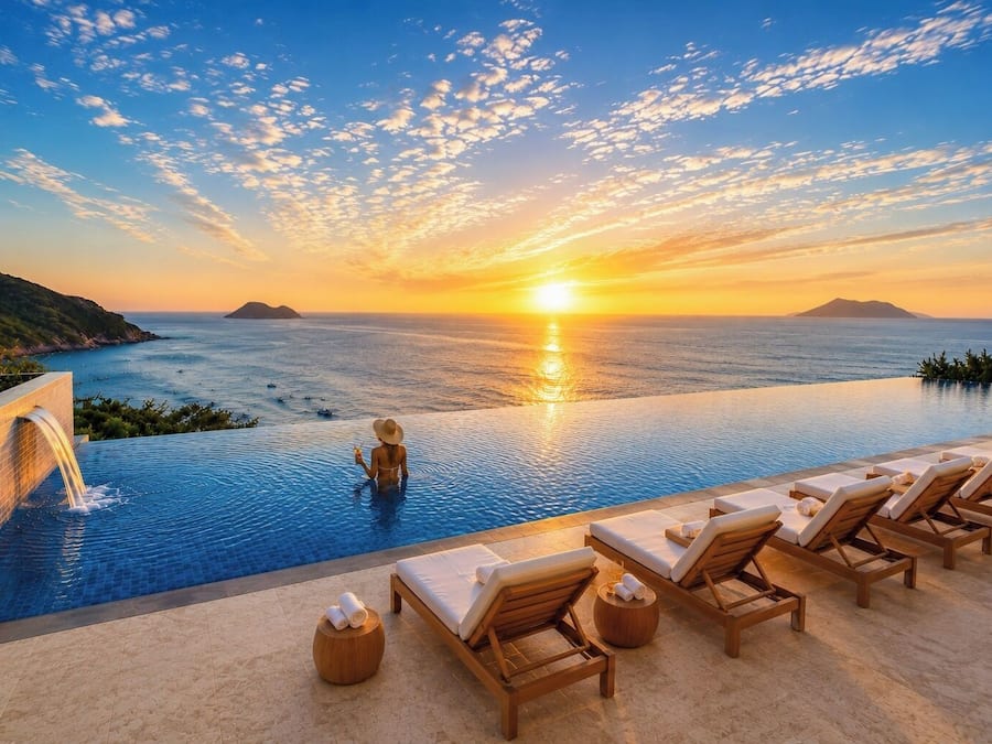 Una piscina al aire libre, sillones reclinables de piscina