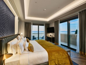 Phòng Suite Junior, quang cảnh biển | Bộ trải giường bằng vải cotton Ai Cập, bộ đồ giường cao cấp 