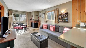 A cozy living room with a fireplace, a sofa with checkered cushions, a coffee table, and a TV.