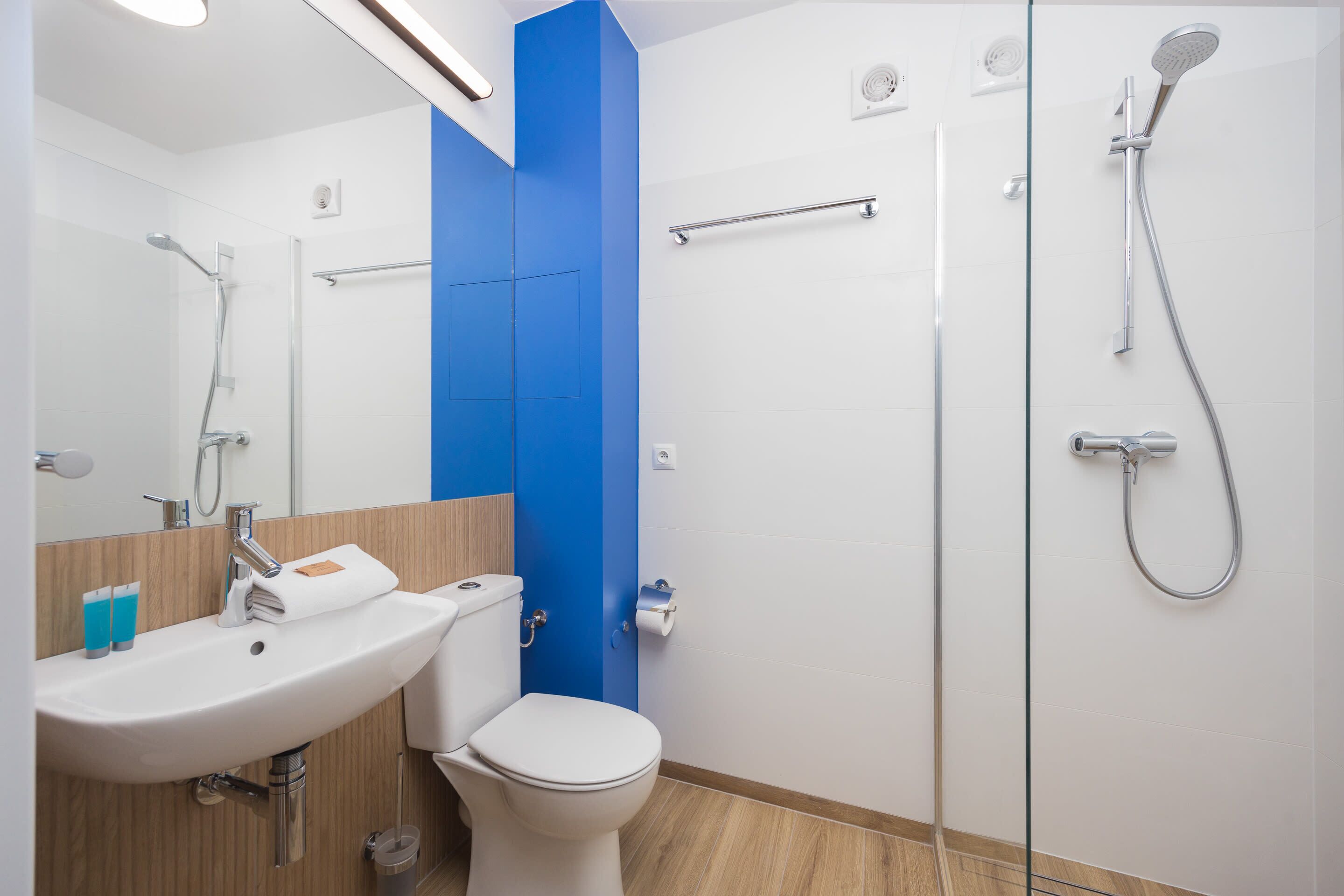 Appartement | Badkamer | Een douche, gratis toiletartikelen, een haardroger, handdoeken