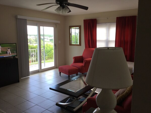 Departamento tradicional, 1 cama King size y sofá cama, vista al valle | Área de sala de estar | Televisión 