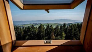 Une vue à travers une lucarne sur un paysage boisé, avec des montagnes à l’horizon.