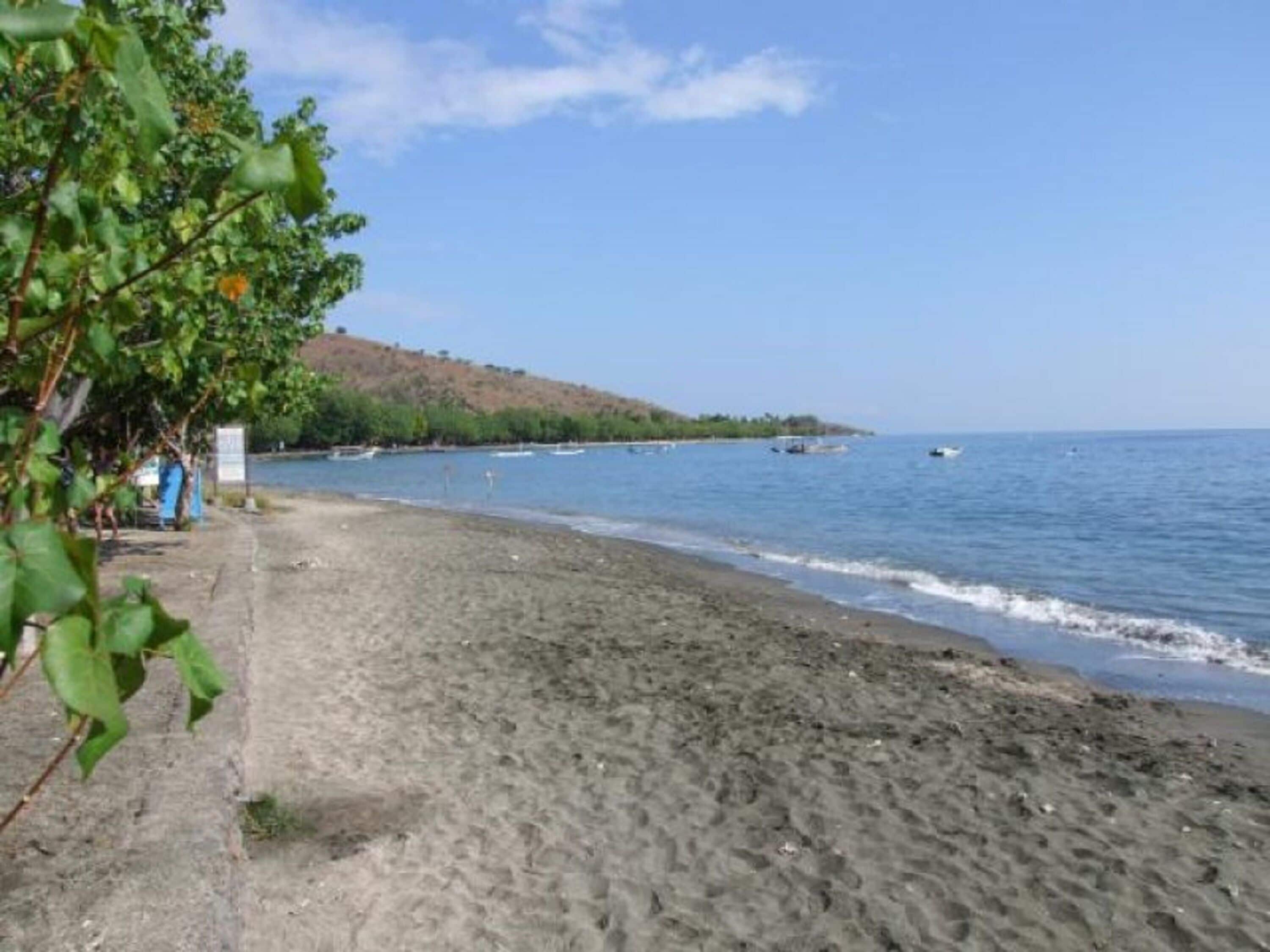 Uma praia com costa arenosa, alguns barcos na água e uma colina ao fundo.