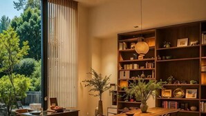 A modern dining area with a wooden table and chairs, a bookshelf with books and decorative items, and a view of greenery outside. - Haoyi Hotel (Zhuzhou)