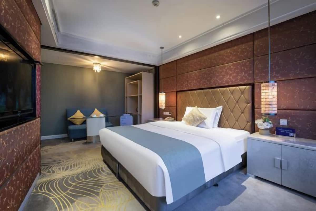 A hotel room with a large bed, a TV, a desk, and a wardrobe.