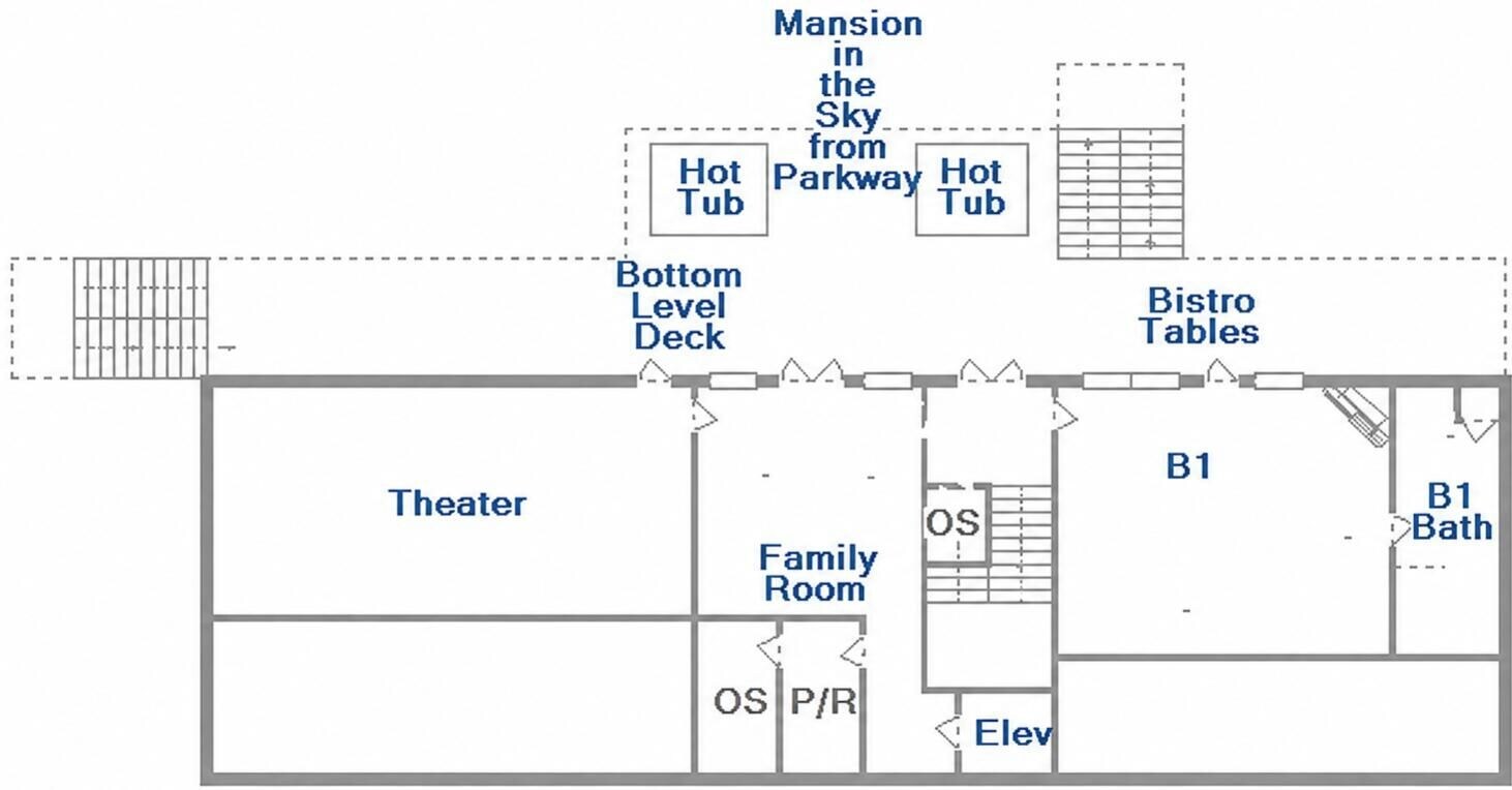 A hotel layout with a theater, family room, and a bottom level deck.