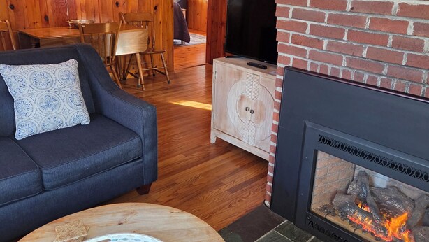 Un salon chaleureux avec une cheminée, des murs en bois, un canapé, une télévision et un coin repas.