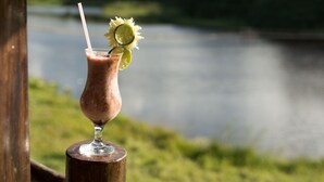 Une boisson servie avec une paille et décorée d’une tranche de citron vert, posée sur une surface en bois, avec un arrière-plan naturel flou.