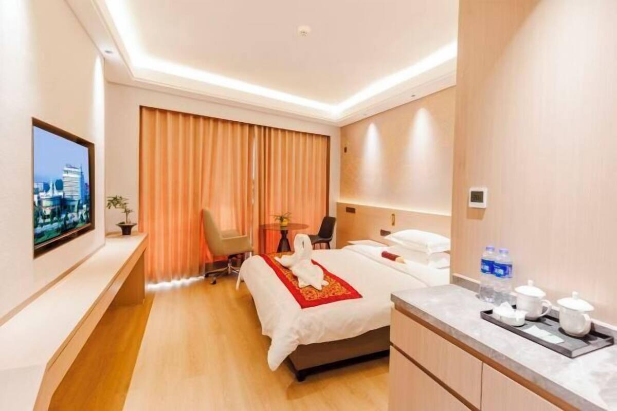 Hotelkamer met een bed, een bureau, een stoel, een televisie en een tafeltje met een plant.