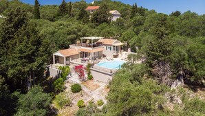 Una villa con piscina rodeada de un bosque frondoso, otra casa al fondo y un cielo azul despejado.