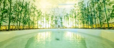 Une grande piscine intérieure entourée de plantes de bambou.