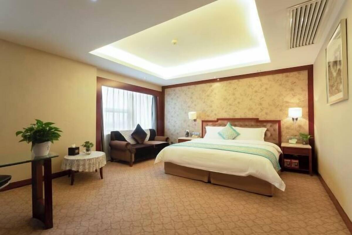 A hotel room with a bed, a sofa, a small table with a plant, and a ceiling light.