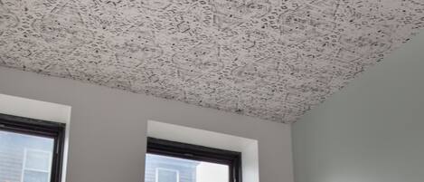A room with two windows and a patterned ceiling.