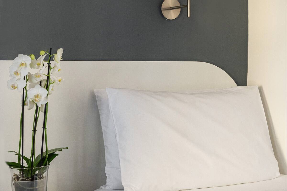 Habitación de hotel ordenada con una cama, una mesita de noche con un jarrón de orquídeas blancas y una lámpara de pared.