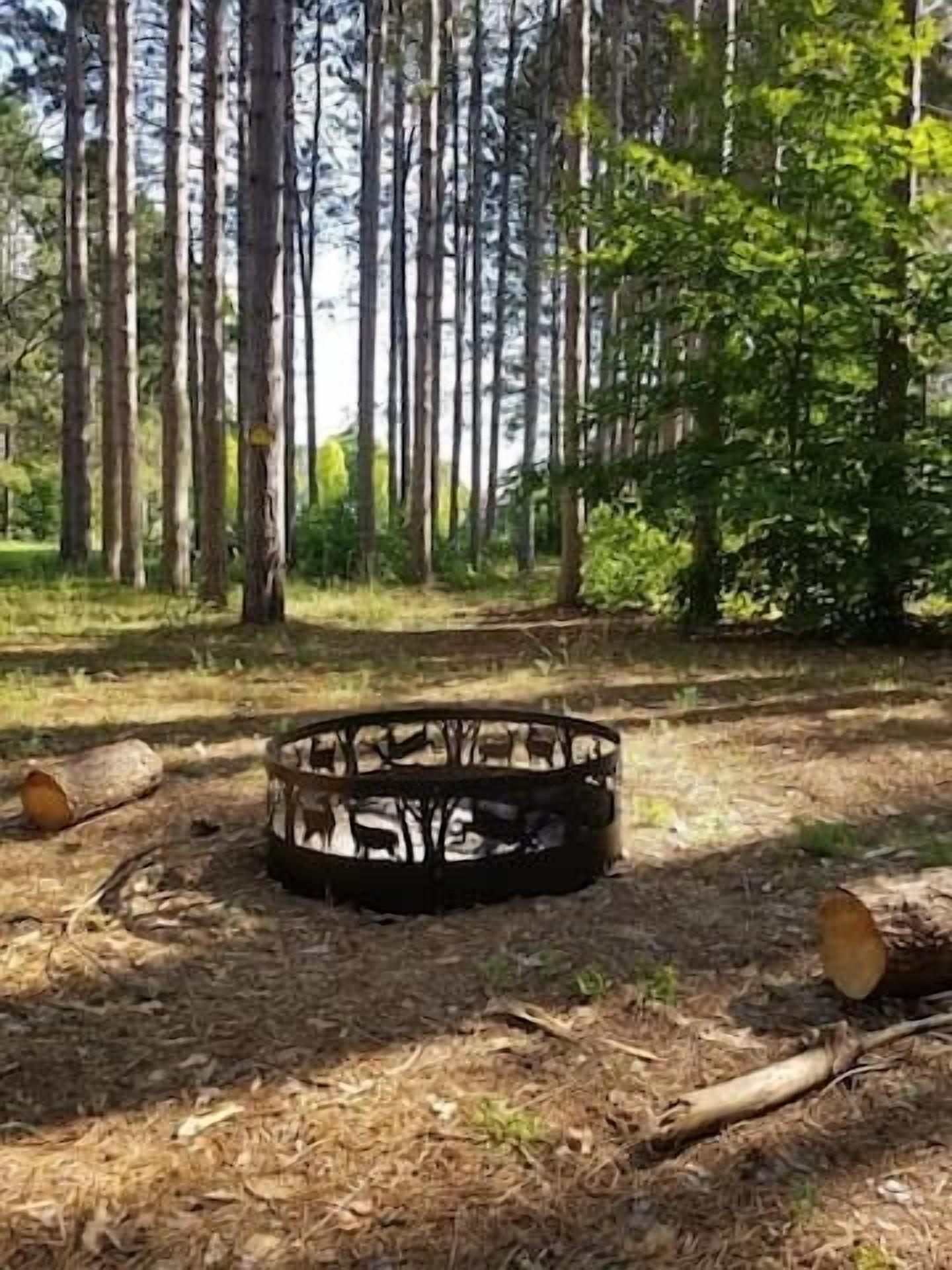 Une zone boisée avec un foyer circulaire entouré de rondins de bois.