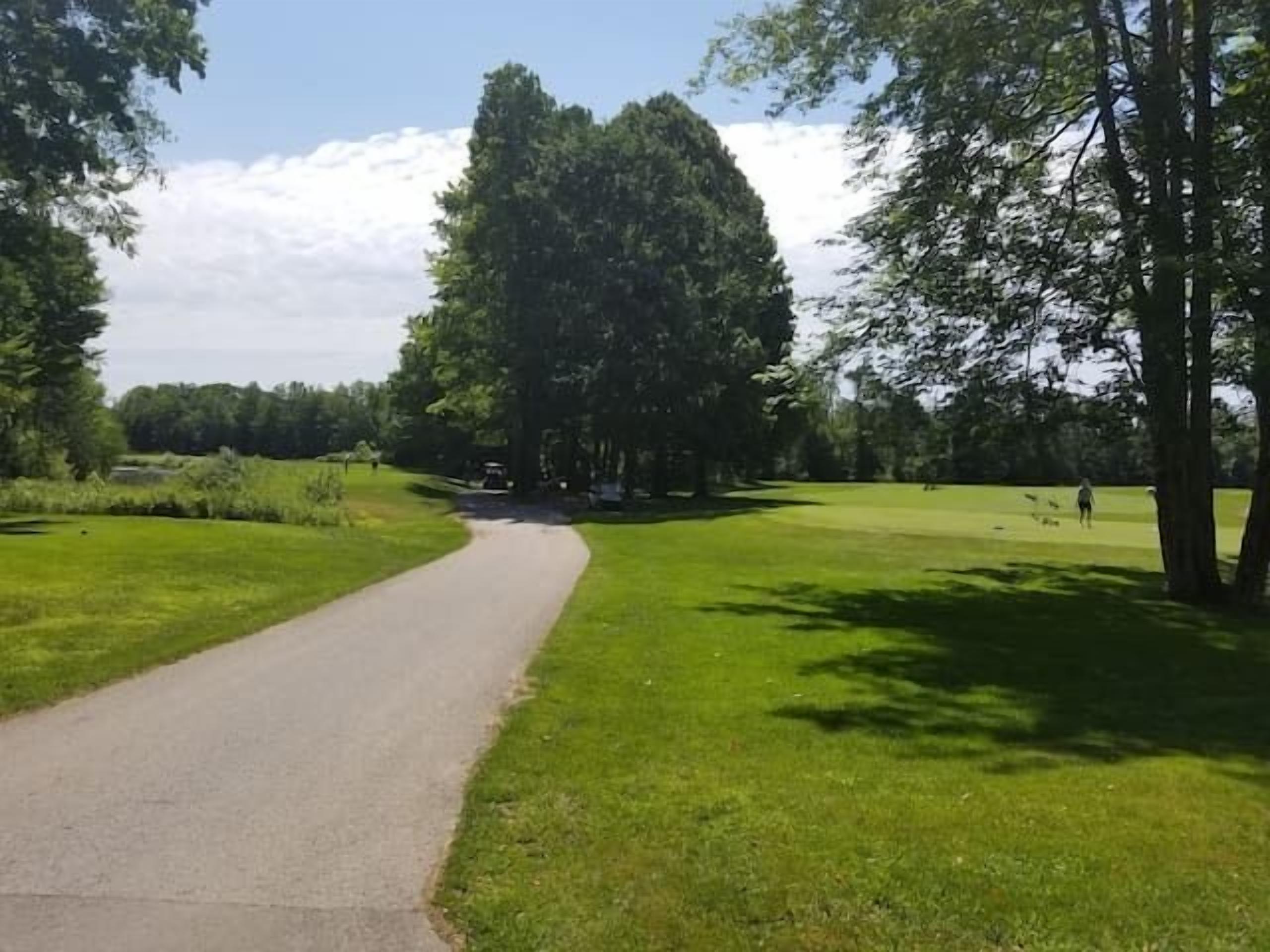 A paved pathway in a park with grassy areas and trees.