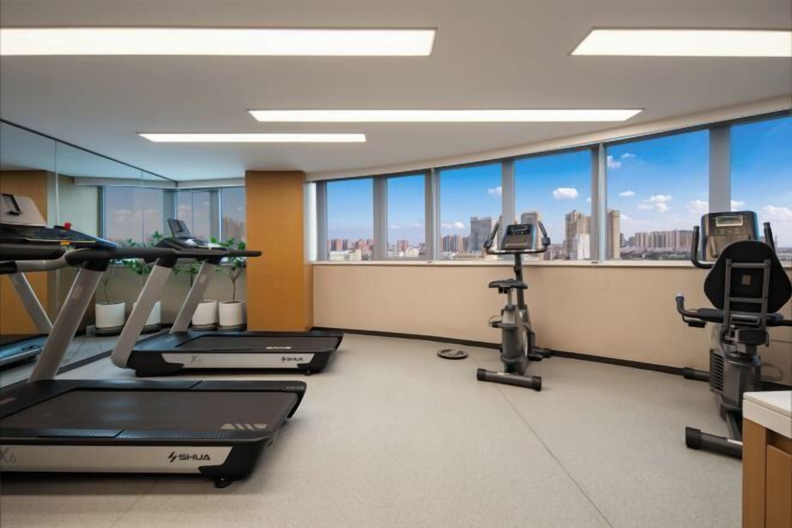 A gym with treadmills, stationary bikes, and weights, with a city view through large windows.