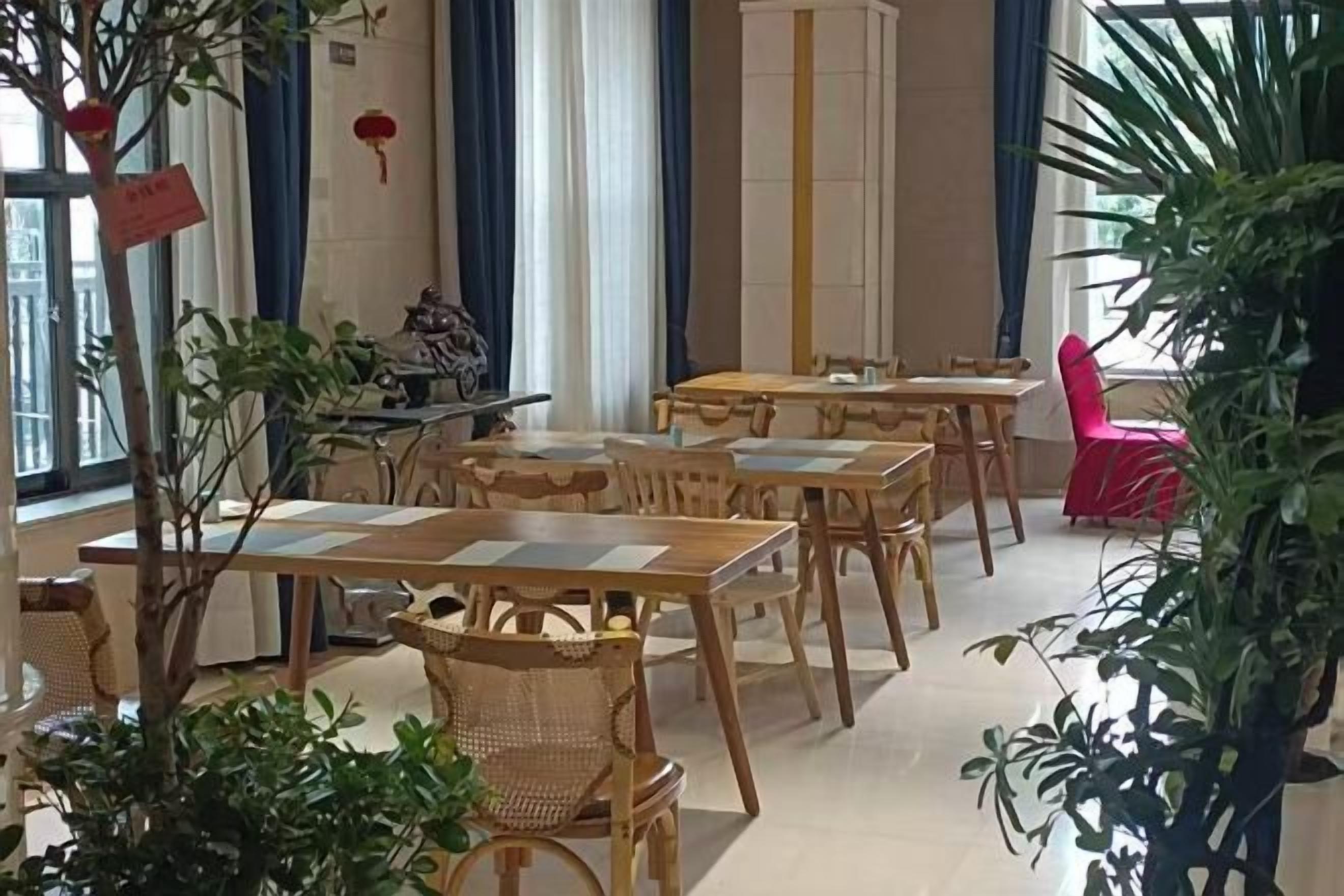 A dining area with wooden tables and chairs, a potted plant, and a red chair.