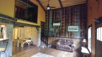 Televisión de pantalla plana, chimenea, reproductor de DVD y futbolito