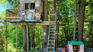 A treehouse with a wooden deck, a ladder, and a playhouse with a slide.