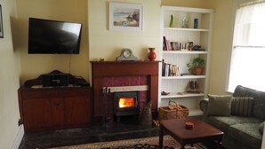 A living room with a fireplace, a television, a bookshelf, and a sofa. - Cobblers Cottage B & B Accommodation (Willunga)