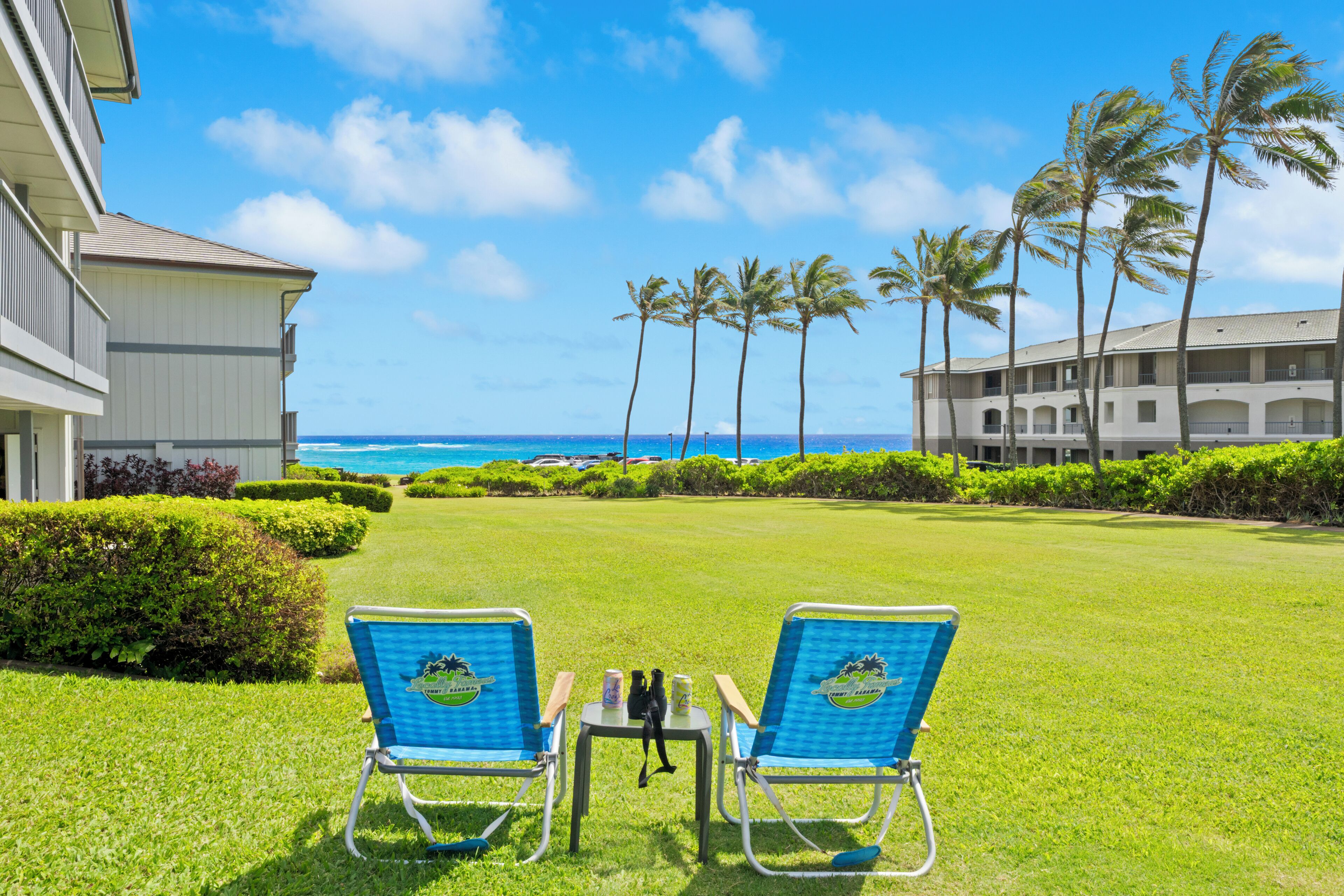 A hotel with a pool area featuring two lounge chairs and a table, surrounded by well-maintained grass and palm trees, with a view of the ocean.