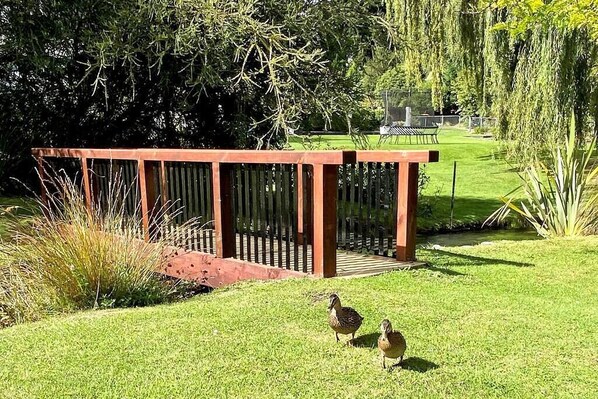 A wooden deck with a metal railing, surrounded by lush greenery and a small pond.