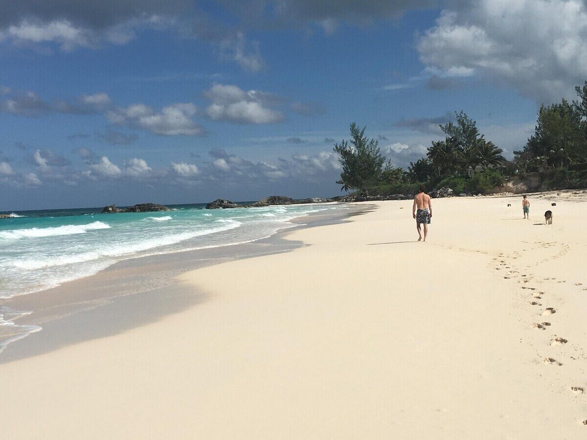 A wide sandy beach with gentle waves, a clear sky, and some trees in the background.