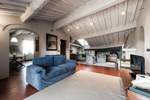 TV connectée, cheminée, livres, chaîne hi-fi