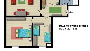 A floor plan of a twin house with two bedrooms, a living room, a kitchen, and a dining area. - Rialto twins house, in the center of the city (Venezia)