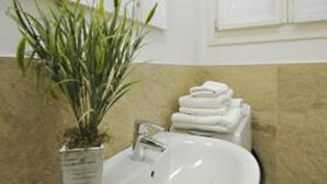 A modern bathroom with a white sink, a potted plant, and neatly stacked towels. - Rialto twins house, in the center of the city (Venezia)