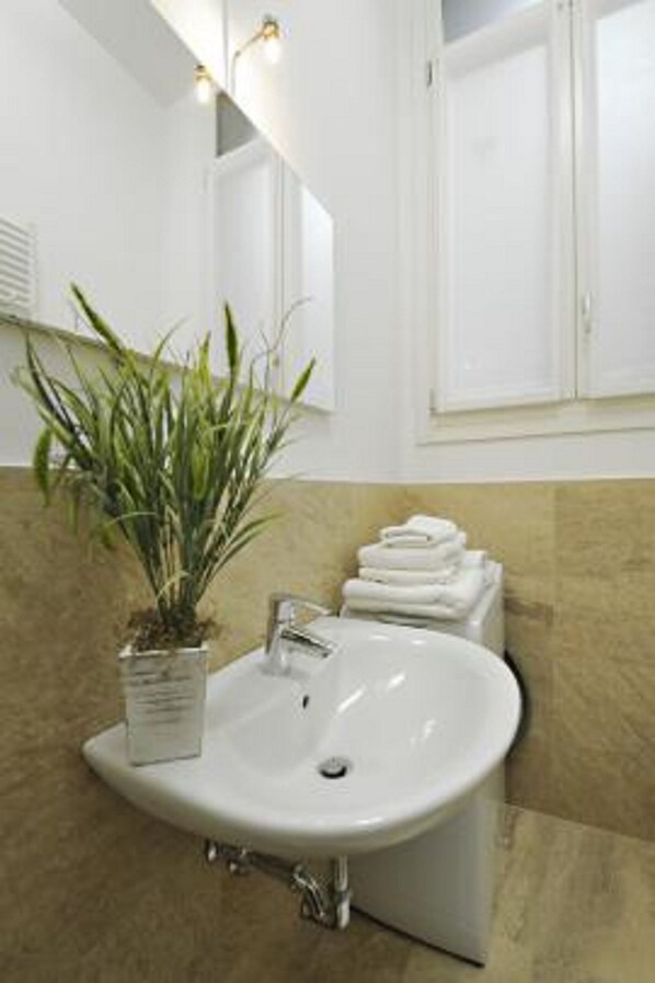 A modern bathroom with a white sink, a potted plant, and neatly stacked towels. - Rialto twins house, in the center of the city (Venezia)